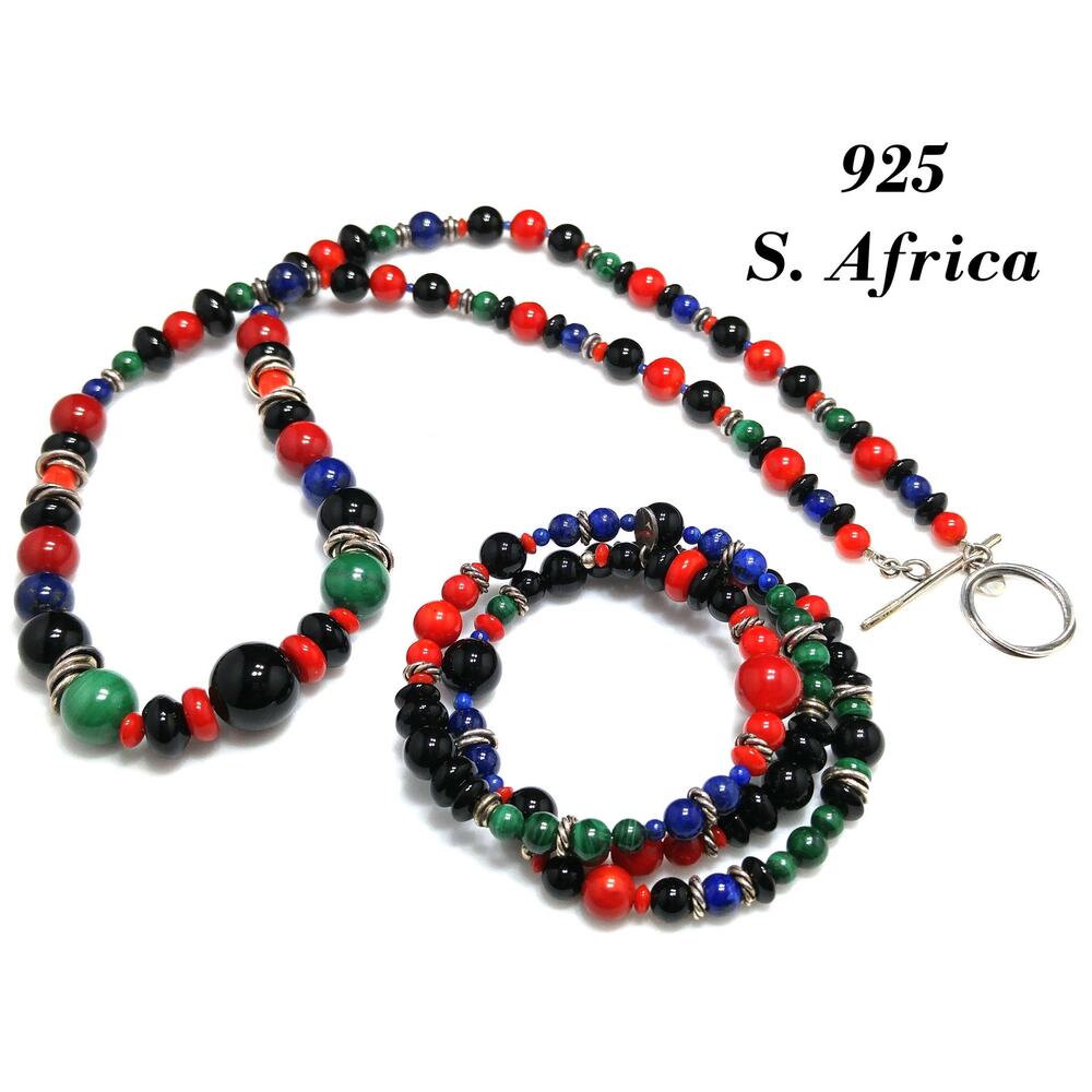 South African Gemstone Necklace Bracelet Set, Stamped 925, 1990s Vintage Jewelry
